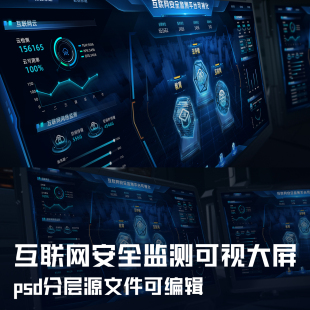 psd分层源文件 可视化互联网安全监测态势分析大屏UI设计素材模版