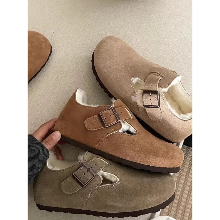 河南桑坡村2025秋冬新款勃肯鞋女加绒毛毛拖鞋软木全包冬季懒人靴