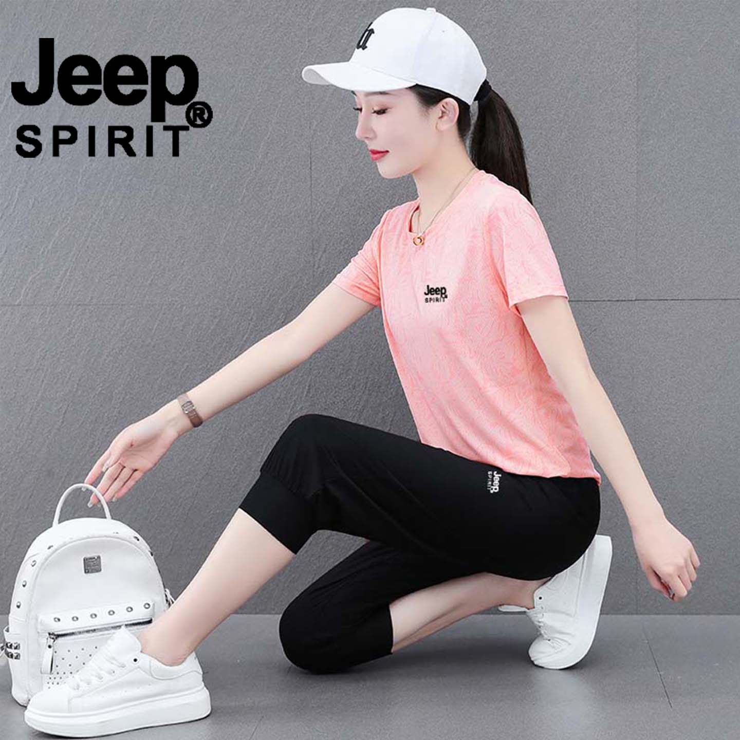 JEEP SPIRIT夏季枫叶冰丝运动套装女新款速干跑步七分裤短袖透气