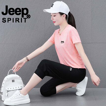 JEEP SPIRIT夏季枫叶冰丝运动套装女新款速干跑步七分裤短袖透气
