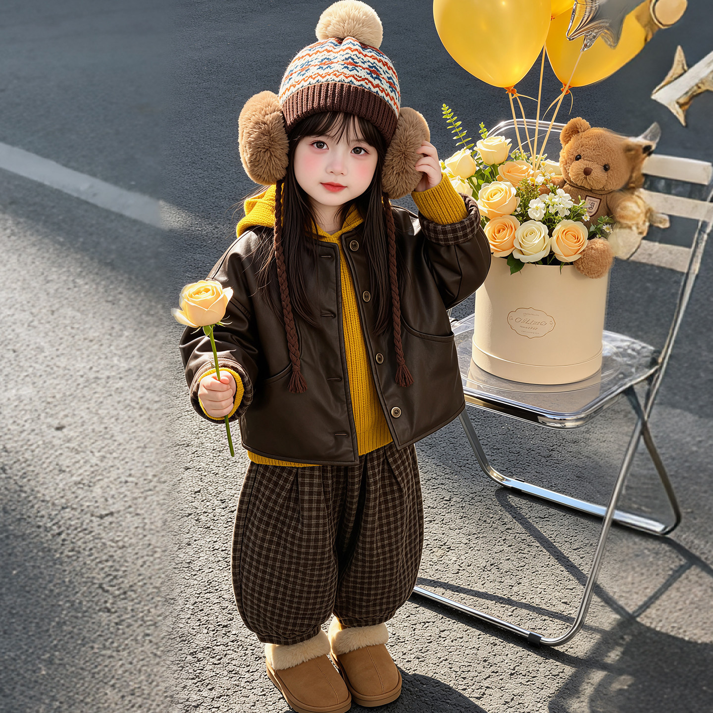 女童套装冬加绒加厚韩版洋气儿童女孩连帽毛衣皮衣外套裤子三件套