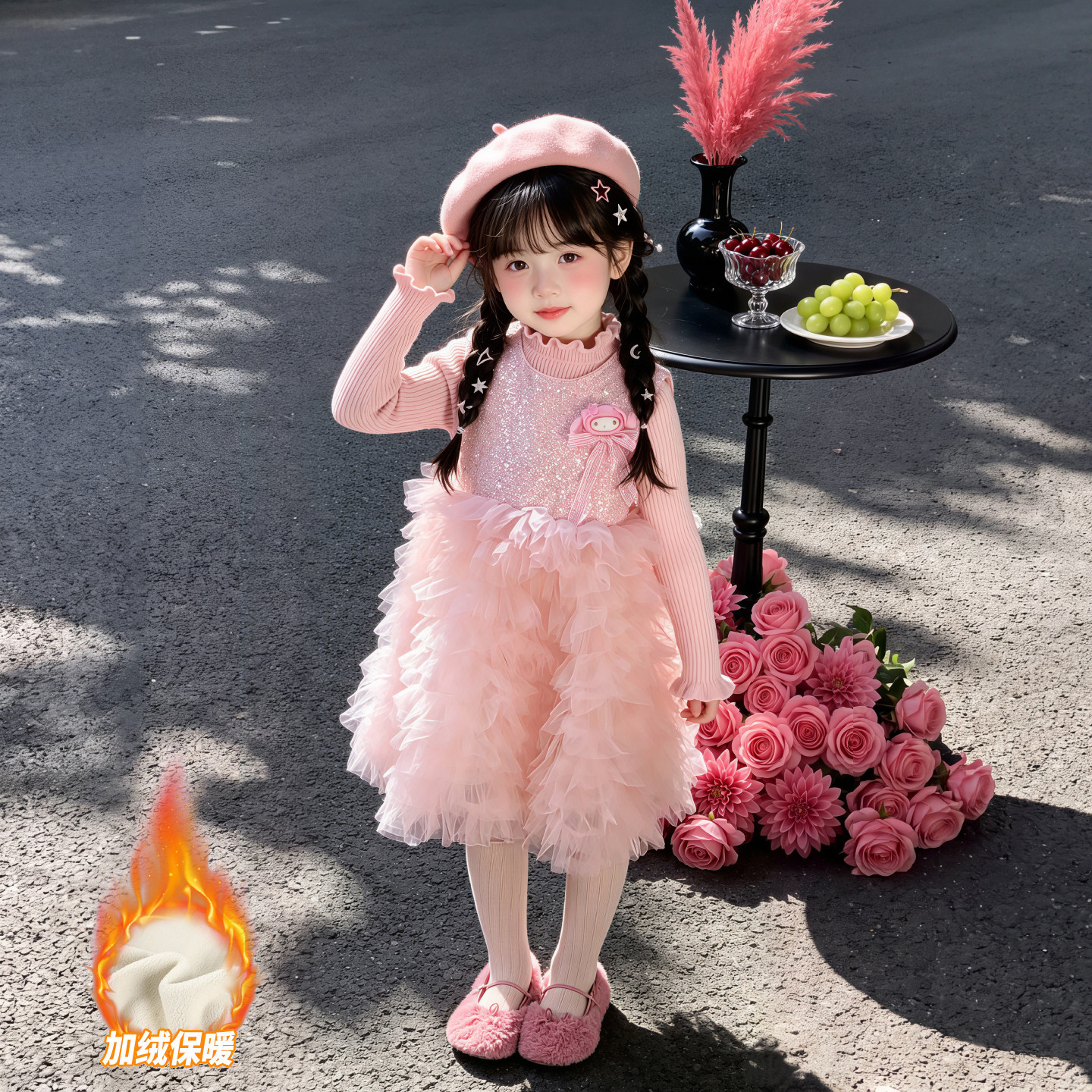 女童加绒礼服公主裙冬装2026新款亮片卡通保暖背心连衣裙毛衣套装