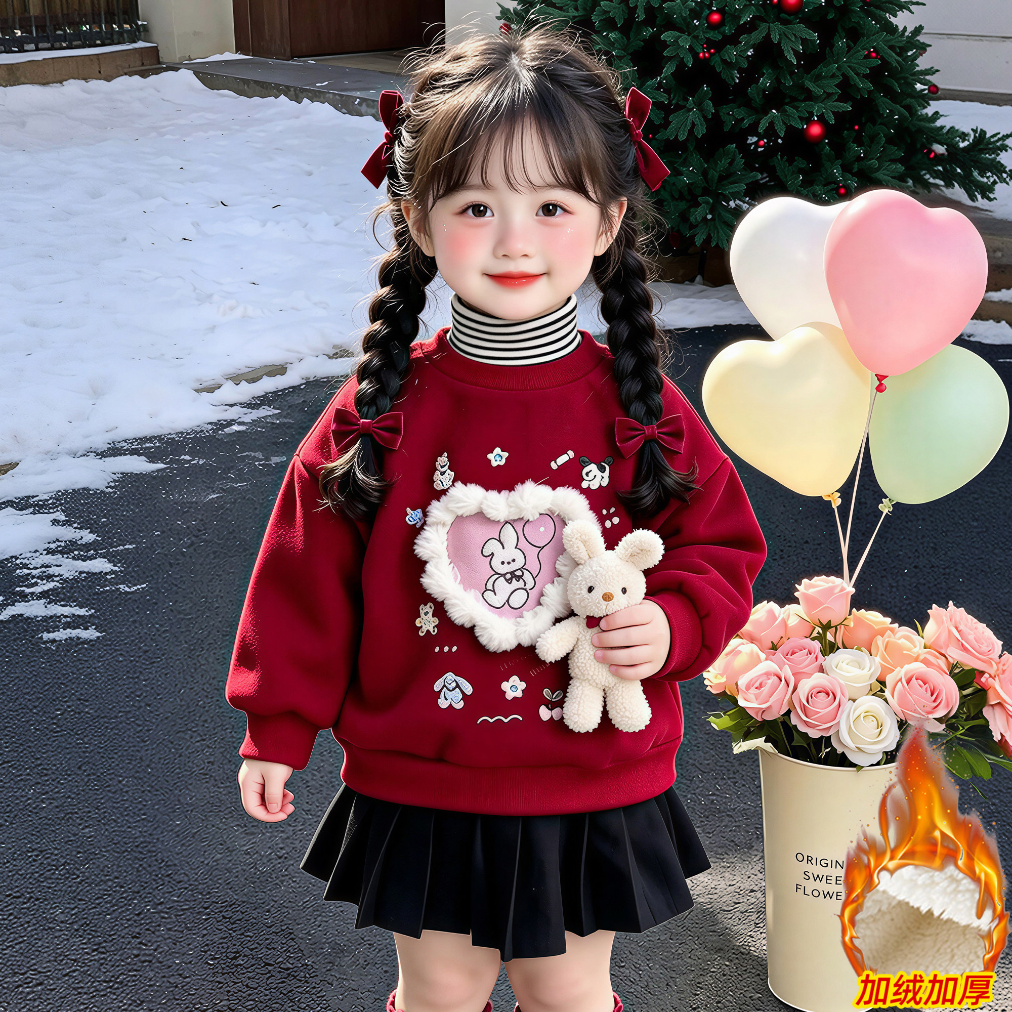 女童加绒卫衣冬装可爱小女孩假两件高领上衣服洋气儿童装套头衫厚
