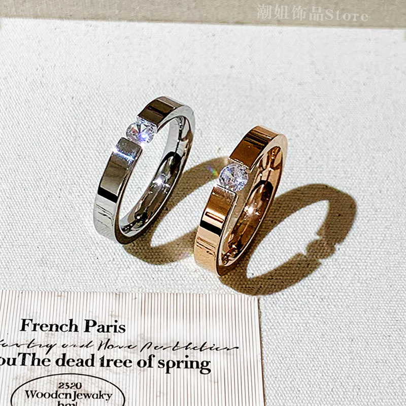 单钻锆石钛钢戒指女小众设计