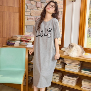 中长款透气短袖睡裙女士连体睡衣薄款夏季连衣裙卡通带胸垫可外穿