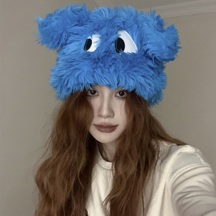 可爱搞怪卡通小狗眼睛套头帽女加厚保暖护耳毛绒绒帽子秋冬雷锋帽