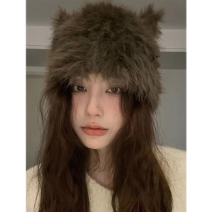 Y2K咖色猫耳朵皮草毛绒帽子女毛茸茸包头帽保暖套头毛线帽潮秋冬