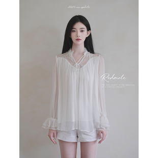 亚麻短裤 100%桑蚕丝｜微透宽松正肩系带衬衫 丝柔白蕾 Redmole