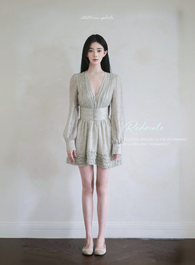 Redmole【绿漪竹烟】100%天丝麻｜原创印花清新v领正肩腰封连衣裙