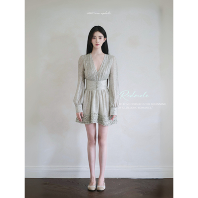 Redmole【绿漪竹烟】100%天丝麻｜原创印花清新v领正肩腰封连衣裙