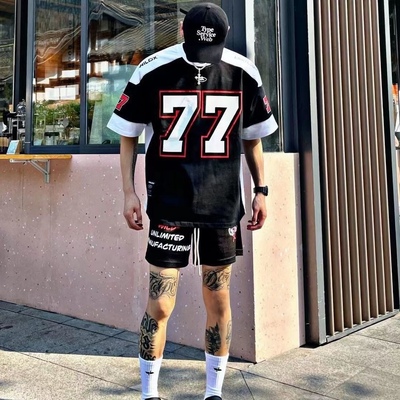 欧美风冰球短袖恤男复古运动高街休闲橄榄球服篮球嘻哈球衣体恤