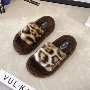 秋冬时尚 豹纹毛绒加厚保暖2024新款 家用卧室平底防滑棉拖 韩版 爆款