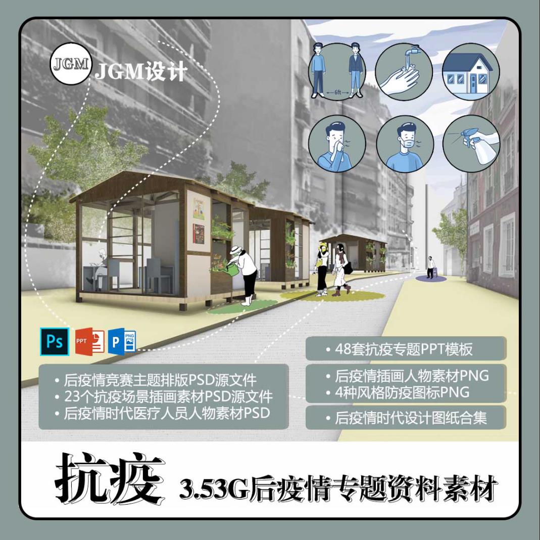 P06后疫情时代PS设计图纸、人物、场景素材/防控图标/PPT模板合集