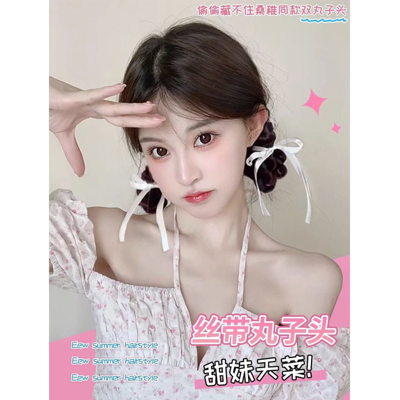 假发芭蕾风白丝带双丸子头