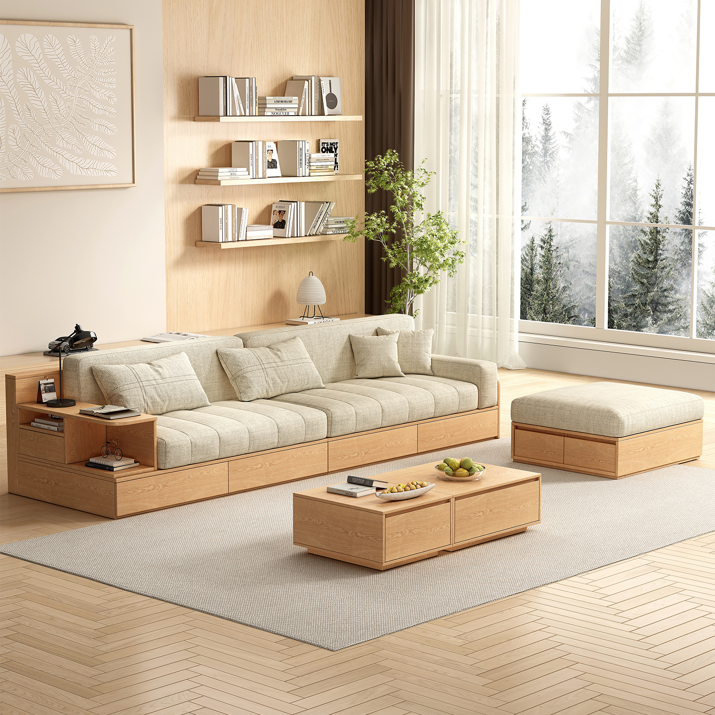 实木板式储物沙发小户型原木三人位抽屉客厅家具米色布艺拆洗沙发