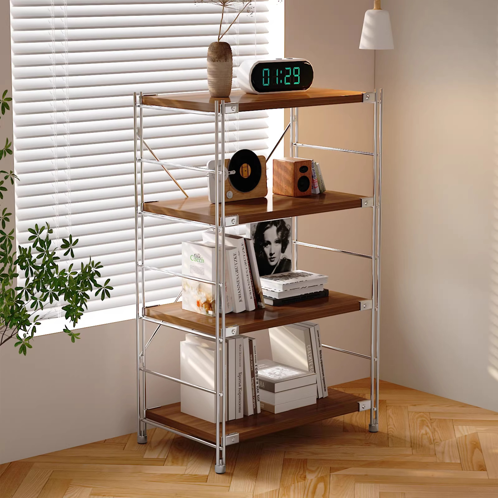 日式原木风置物架家用落地收纳架客厅书架展示架厨房微波炉储物架