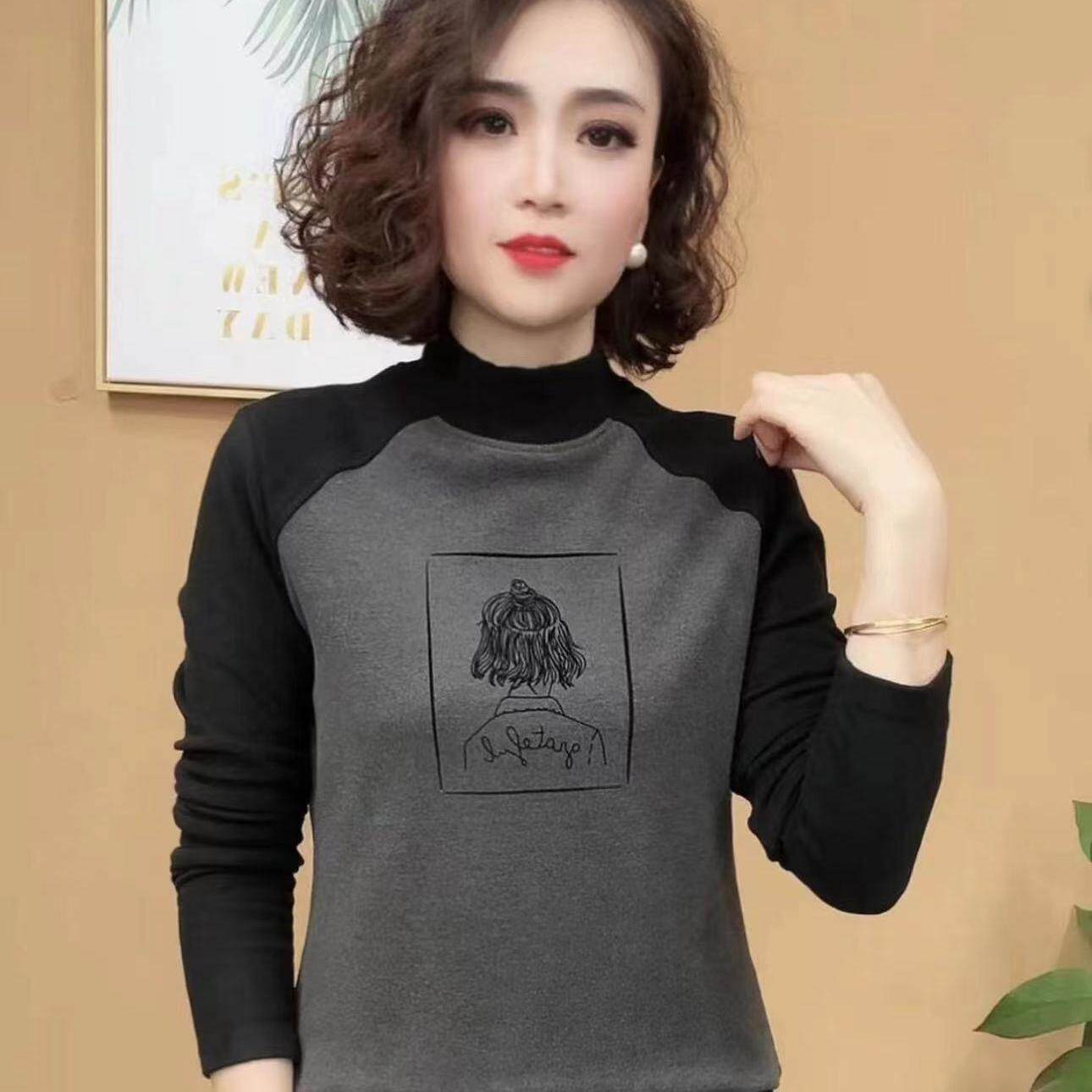 德绒半高领撞色打底衫女秋冬装2024新款加厚内搭长袖t恤插肩上衣