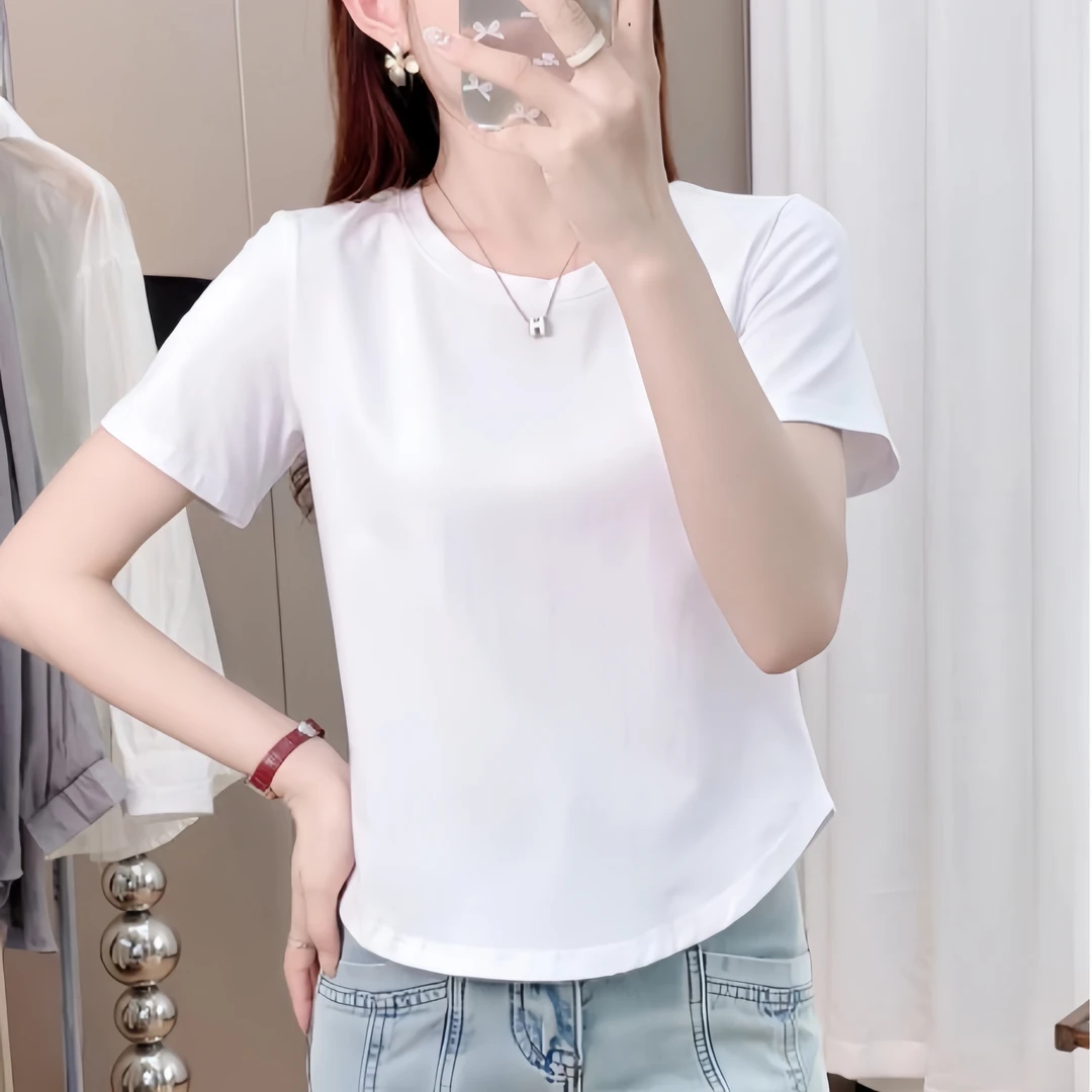 纯棉正肩圆领t恤女短袖2025夏季新款修身显瘦百搭U形下摆打底上衣
