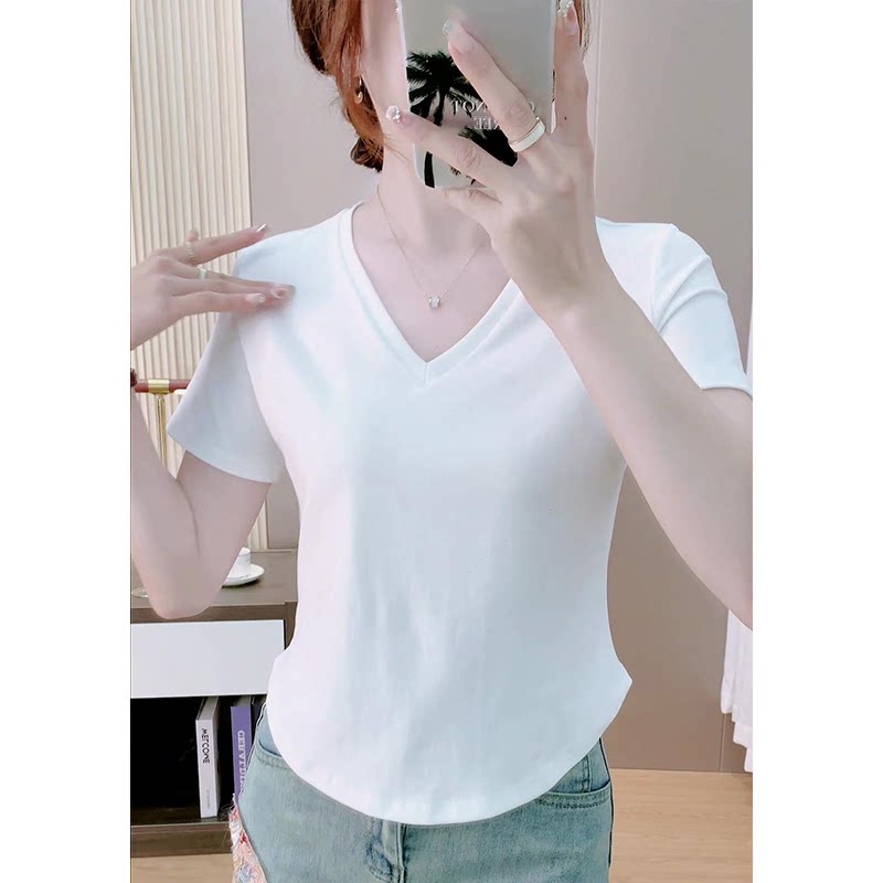 正肩纯棉V领t恤女短袖2025夏季新款修身显瘦百搭弧形下摆打底上衣
