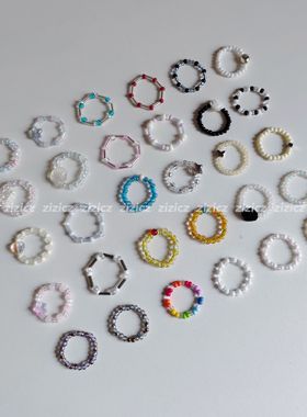 zizicz原创自制串珠弹力戒指多巴胺彩色复古素戒指环叠戴配饰指环