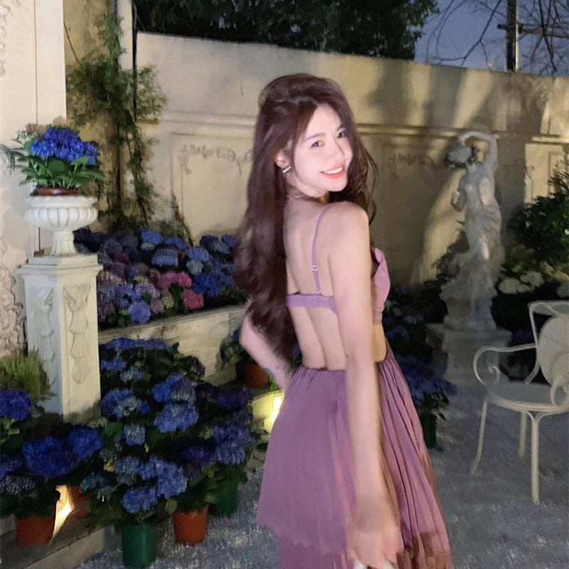 紫色露背吊带连衣裙女夏季法式温柔风性感中长款收腰显瘦a字裙子