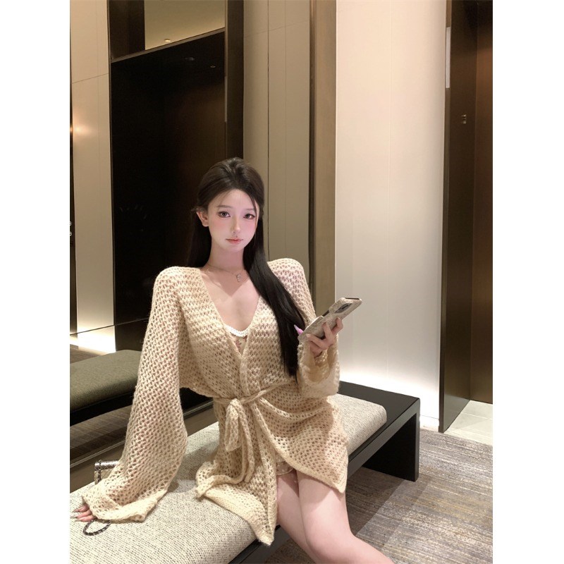 慵懒风镂空v领长袖针织开衫女春季绑带修身毛衣外套温柔罩衫上衣