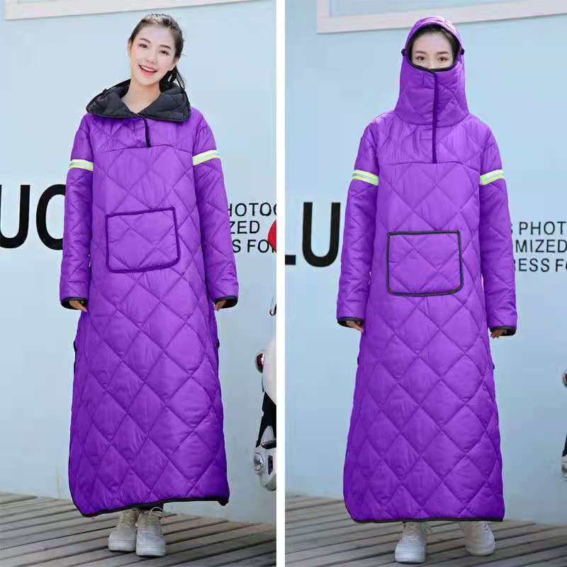 骑电动摩托车挡风被冬加绒加厚保暖防雨水连帽护膝电瓶车防风衣女