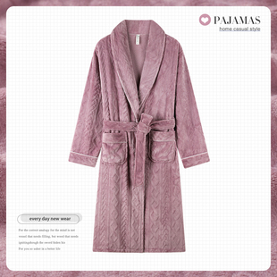 法兰绒睡袍女款秋冬季加厚加绒珊瑚绒妈妈宽松大码居家浴袍中长款