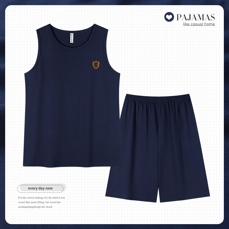 男士睡衣夏季纯棉中年爸爸无袖背心家居服夏天运动可外穿坎肩套装