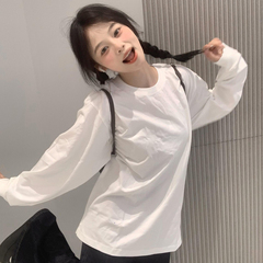 白色纯棉长袖重磅束口百搭T恤男女秋冬内搭简约打底衫上衣圆领