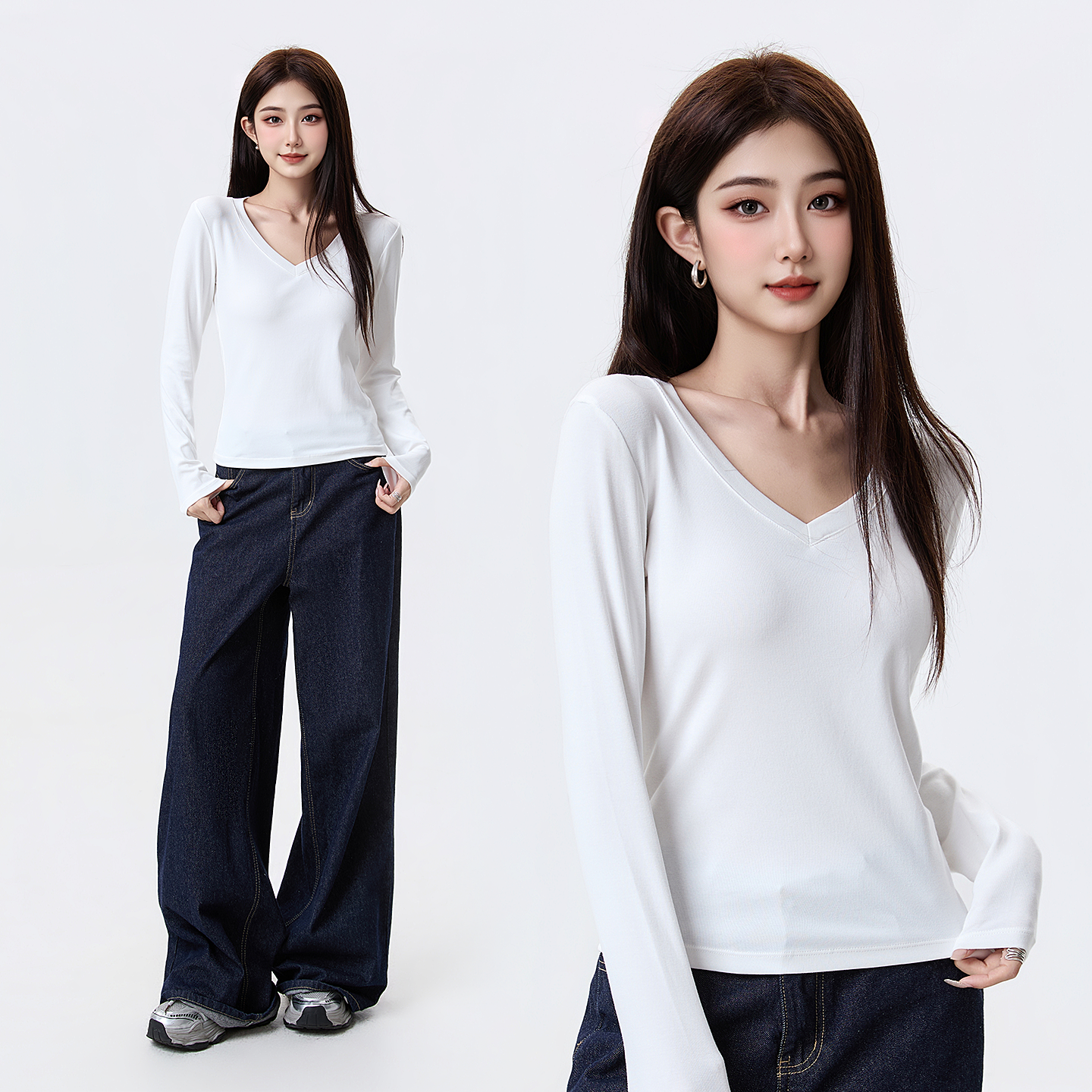 正肩v领长袖t恤女秋修身通勤显瘦