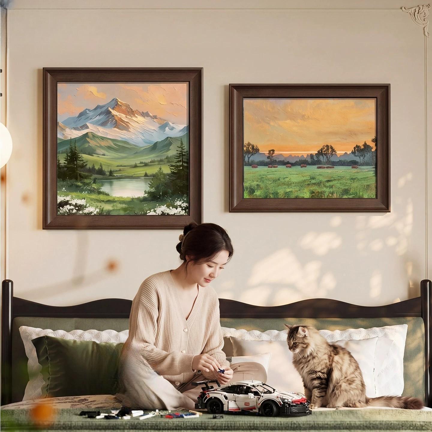 日照金山卧室床头挂画法式中古风山水风景客厅餐厅背景装饰画双联