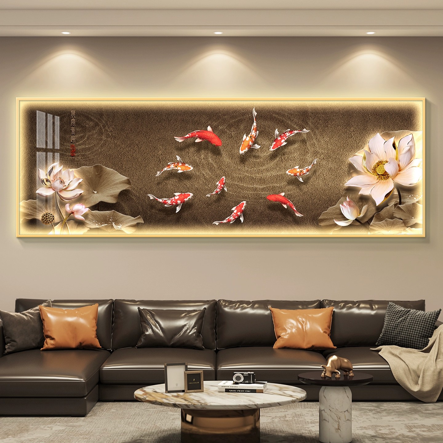 九鱼聚财轻奢客厅装饰画新中式沙发背景墙挂画高级感壁灯简约现代图片
