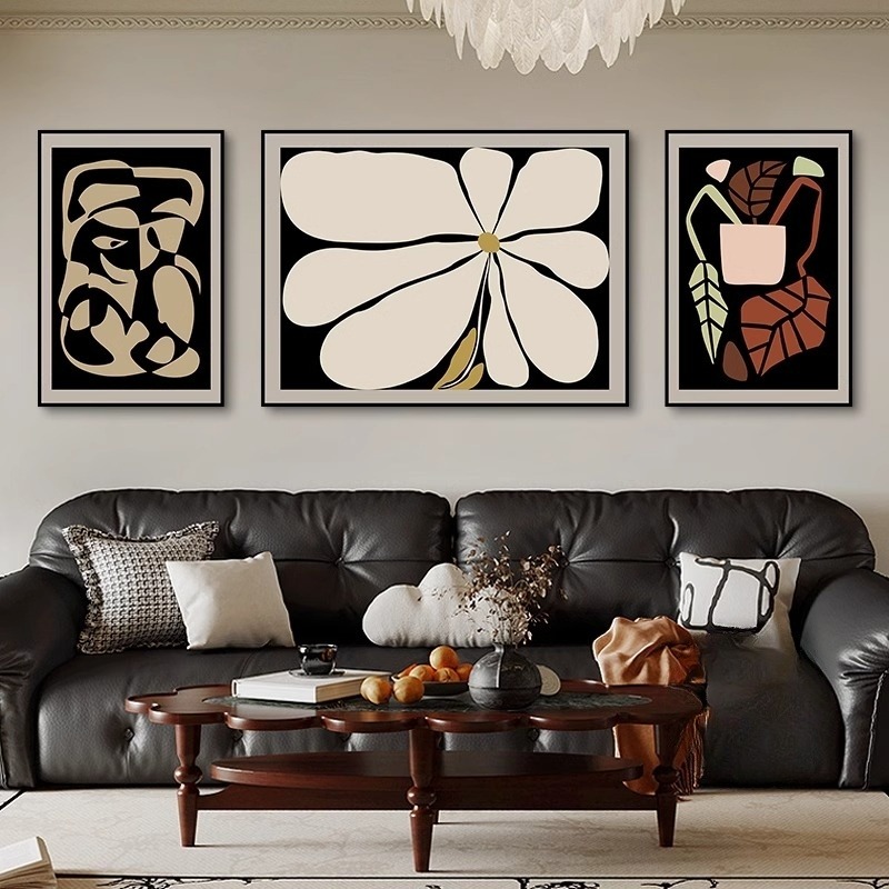 中古风客厅装饰画抽象肌理三联沙发背景墙壁画新款复古南洋风挂画