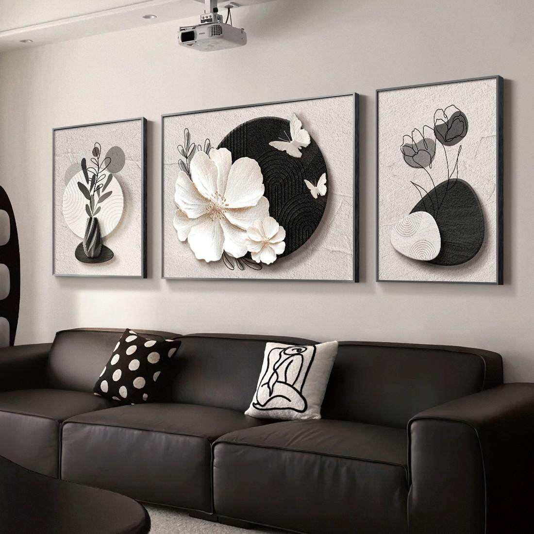 现代简约黑白抽象客厅装饰画花卉肌理感沙发背景墙挂画三联高级感,家居饰品,现代装饰画,淘宝优惠券,粉丝福利购,淘宝优惠卷