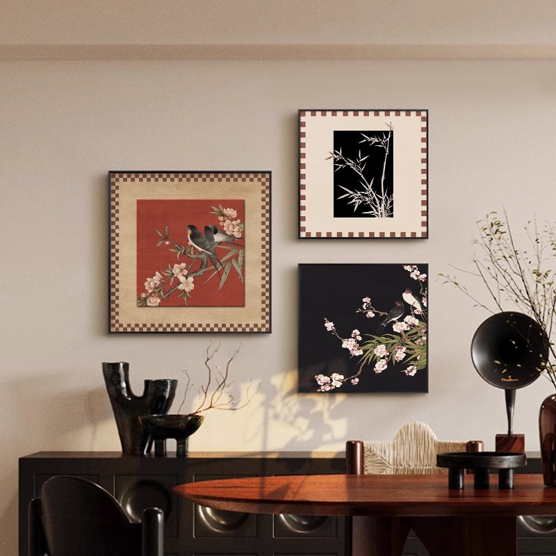 中古风客厅沙发后背景墙装饰画法式复古花鸟餐厅玄关挂画方形壁画图片