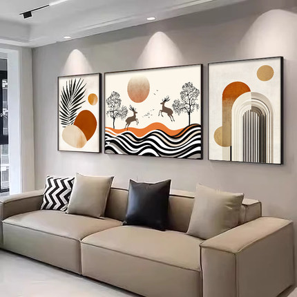 简约现代客厅装饰画抽象橙色线条壁画福鹿三联组合沙发背景墙挂画