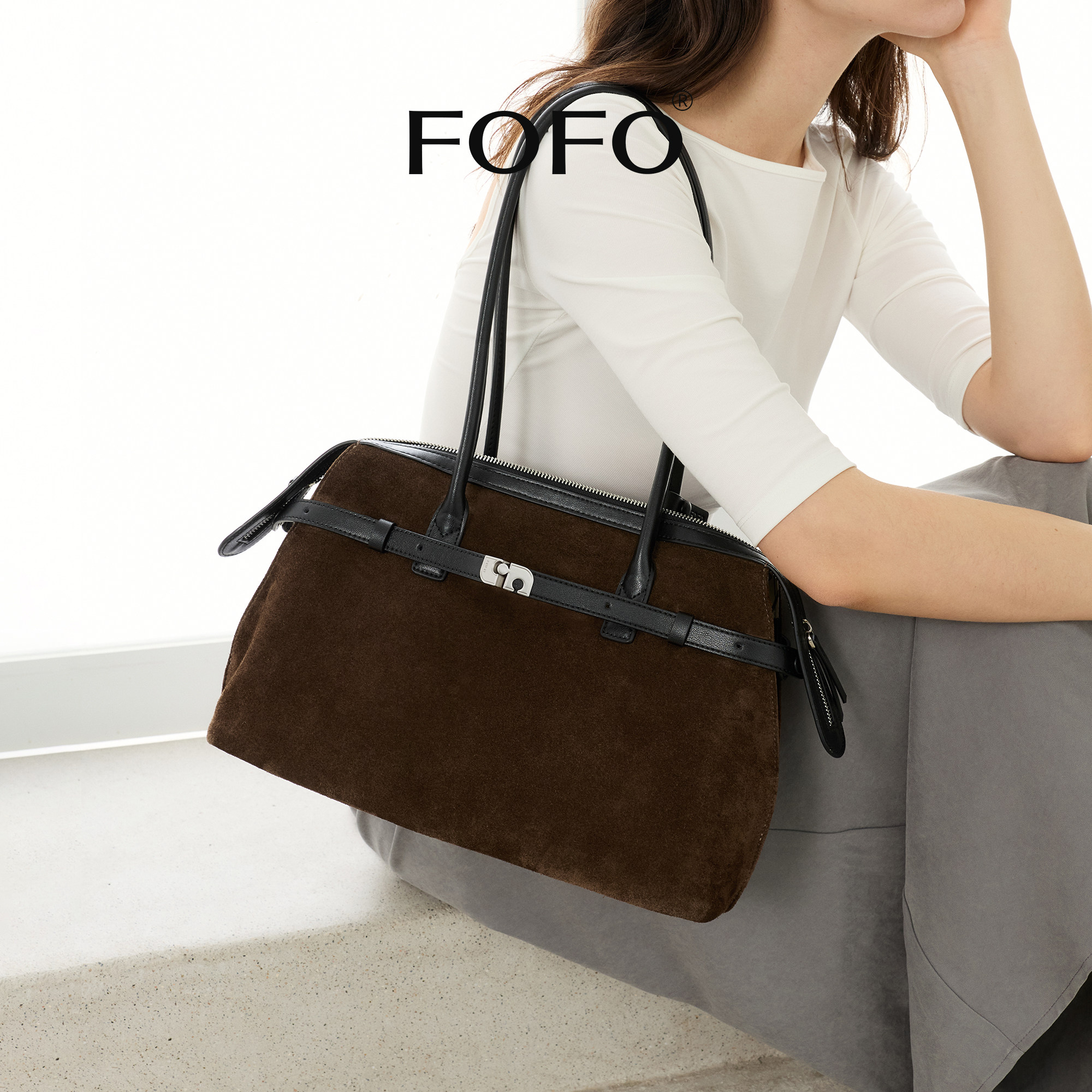 FOFO手提公文包原创小众通勤麂皮单肩腋下包时尚休闲大容量托特包