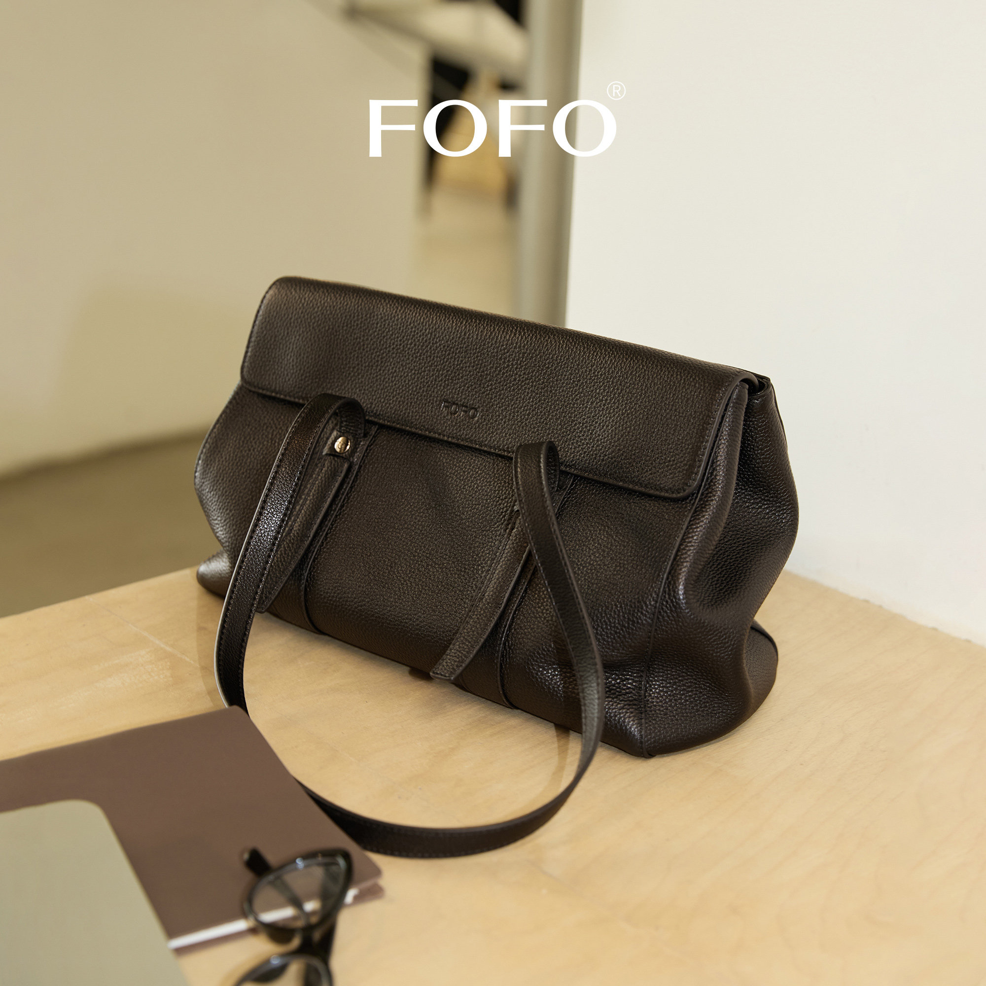 FOFO翻盖公文包头层牛皮原创小众大容量单肩斜挎包通勤百搭女包包