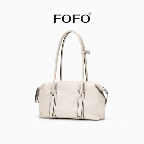 FOFO保龄球包象牙白头层牛皮百搭腋下包女时尚手提枕头包波士顿包
