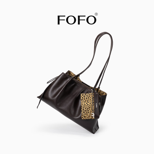 FOFO豹纹夹心包大容量通勤托特包真皮单肩手提包秋冬出游腋下女包