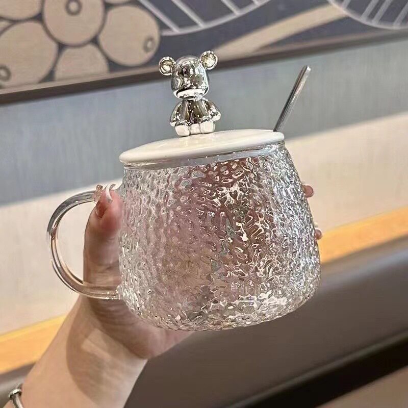 高颜值带盖小熊水杯办公室家用耐热咖啡杯马克杯锤纹带勺子玻璃杯