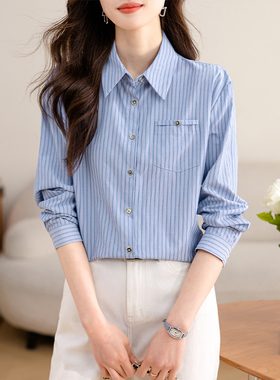 美衣千百惠女装2025年春季新款宽松显瘦轻薄职业蓝色条纹衬衫衬衫
