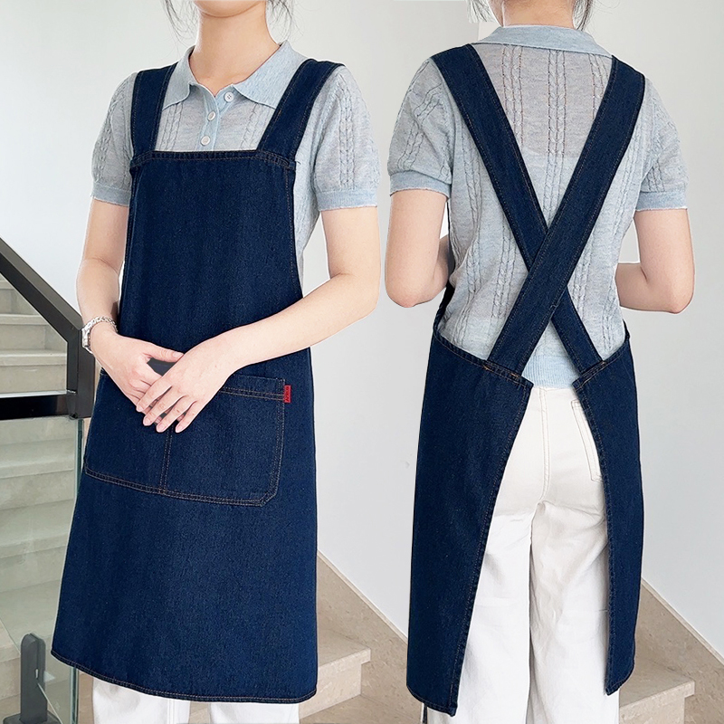 外贸水洗牛仔围裙家用厨房防油污做饭餐饮男女上班工作服定制LOGO