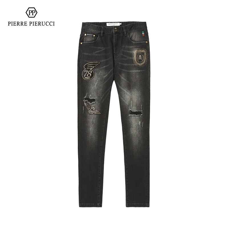 pp直筒黑色破洞牛仔长裤