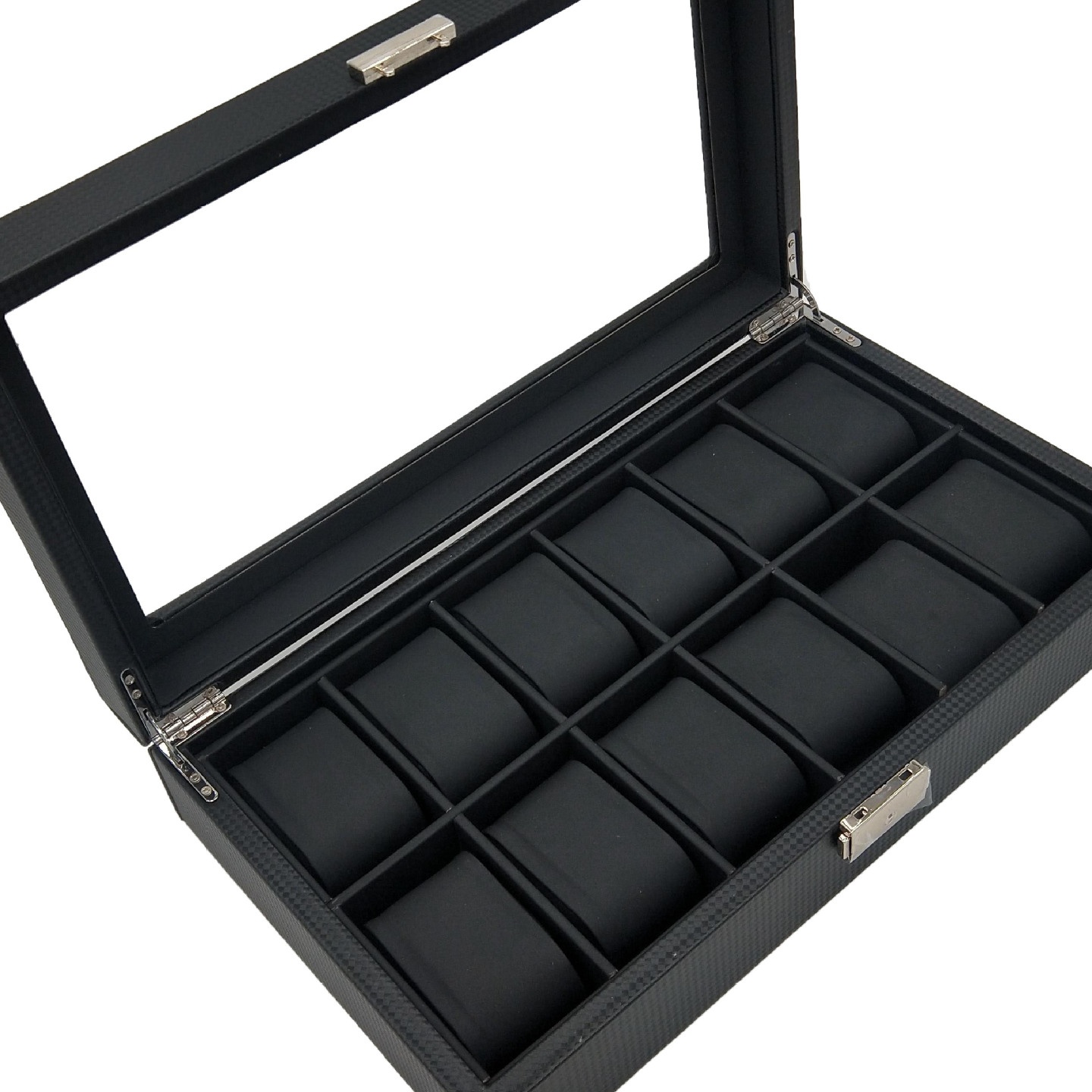 高档碳纤维12位内黑PU皮枕头优质手表盒手表首饰收纳盒厂家现货