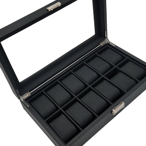 高档碳纤维12位内黑PU皮枕头优质手表盒手表首饰收纳盒厂家现货