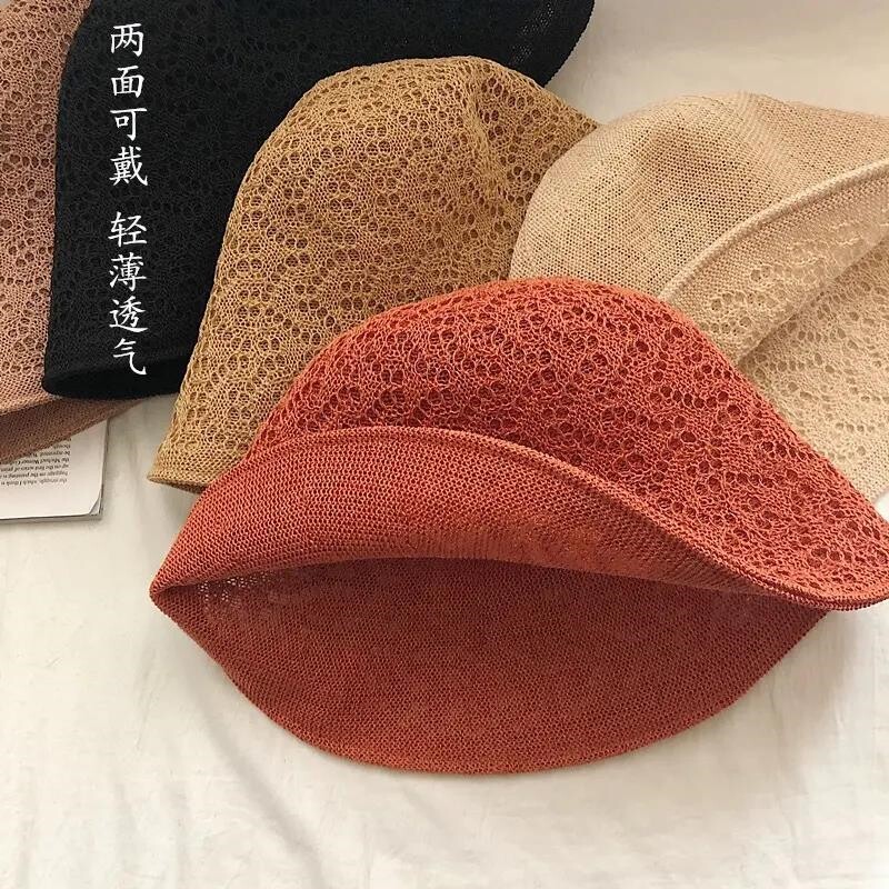 双面戴透气渔夫帽女棉麻遮阳帽轻薄镂空盆帽防晒太阳帽百搭休闲帽