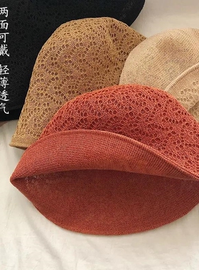 双面戴透气渔夫帽女棉麻遮阳帽轻薄镂空盆帽防晒太阳帽百搭休闲帽