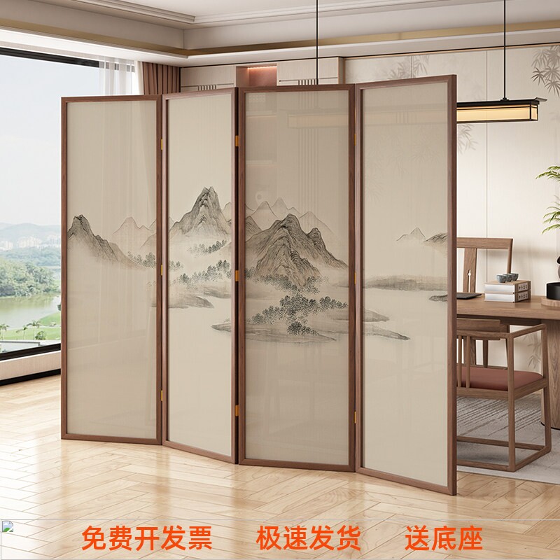 新中式实木移动折叠屏风隔断办公室门口酒店会客厅群山环抱山水画